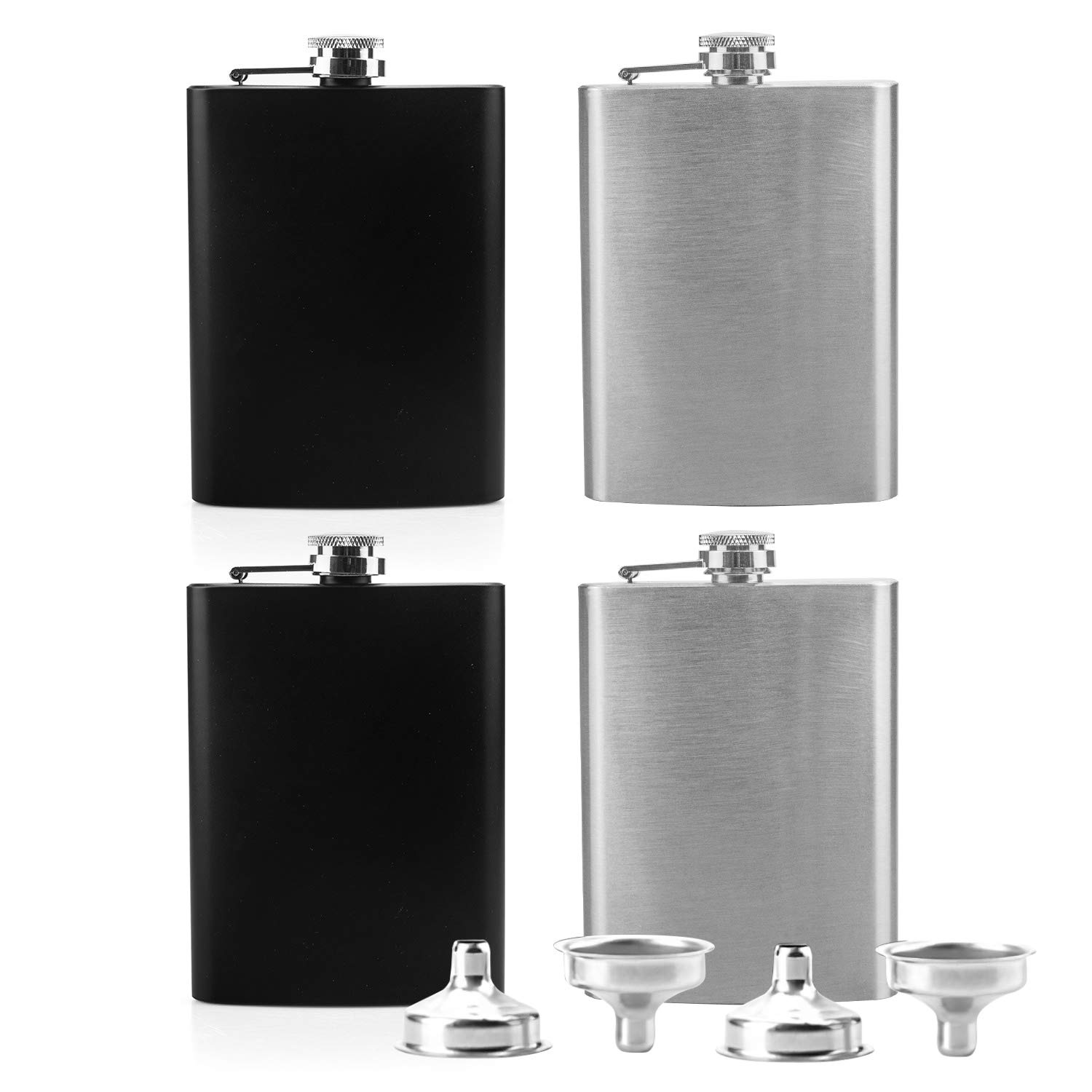Tebery 4 Pack 8oz Hip Flask with Funnel, Stainless Steel Whiskey Flask, Leakproof, Portable Liquor Hip Flask for Men (Black & Silver)