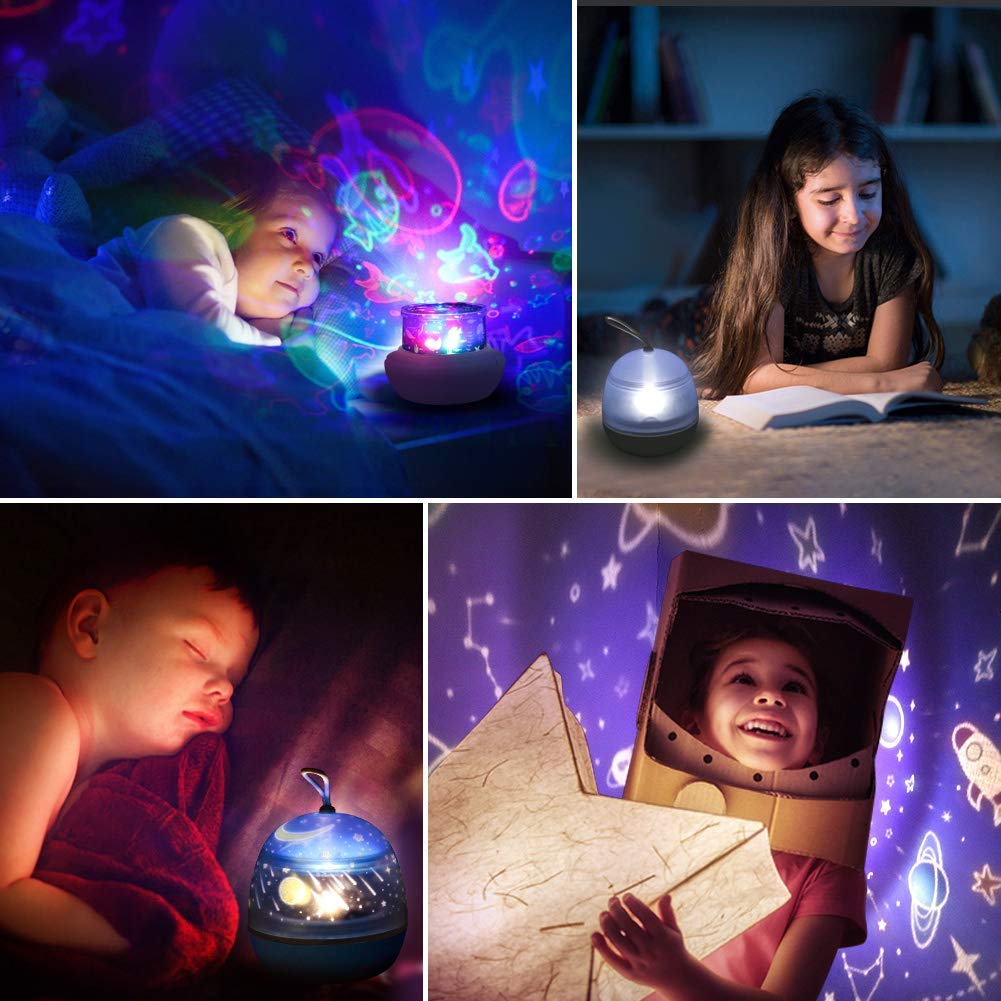 [NOVITÀ 2019] Lampada Proiettore di Stelle, 4 Set Projector Films 8 modalità di illuminazione Lampada per luci notturne a LED 360° Rotating, per Cameretta per bambini Decorazione