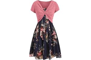 VEZAD Women Casual Lace Summer Floral Cami Dress with Plunging T-Shirt