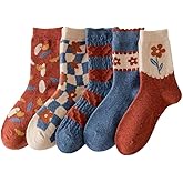 5/10 Pairs Wool Socks for Women Thick Knit Vintage Cute Floral Crew Socks (5 Pairs-Red Flowers)