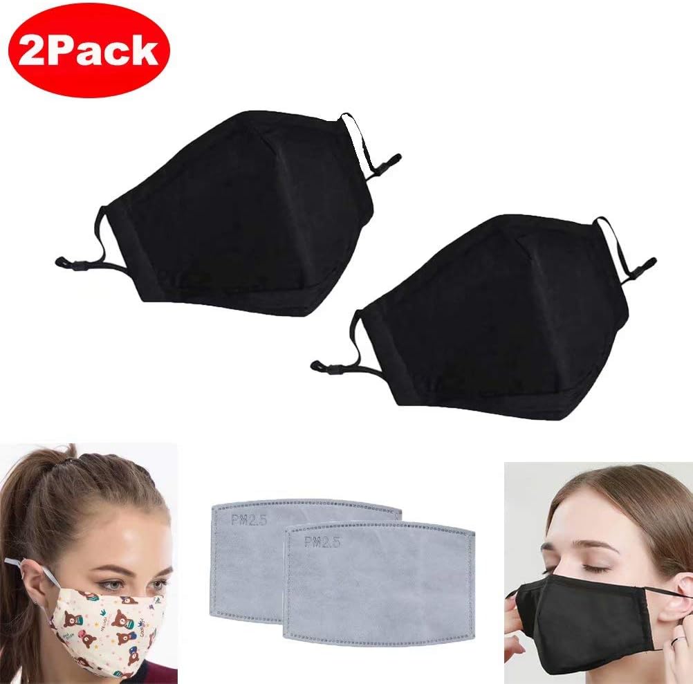 Washable Cotton PM2.5 Mouth Mask with Activated Carbon Filter, Adjustable Anti Dust Face Mask Protective Cloth Mask,2 Pack Black