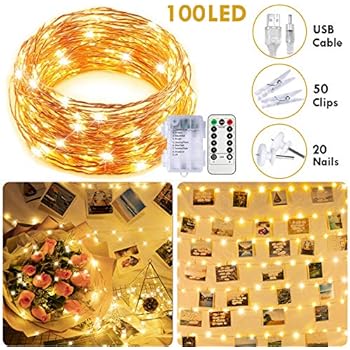 33Ft 100LED Photo Clips Lights with Timer,8 Modes Dimmable USB/Battery Operated Decor Lights with 50 Clips,Fairy String Lights for Bedroom Wedding Valentine's Day Party DIY Wall Decor,Waterproof