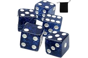 CYBER-DEALS Set of (5) 16mm Dice Standard Transparent Square Cornered with Black Velvet Cloth Pouch Bag (Blue (Glitter))