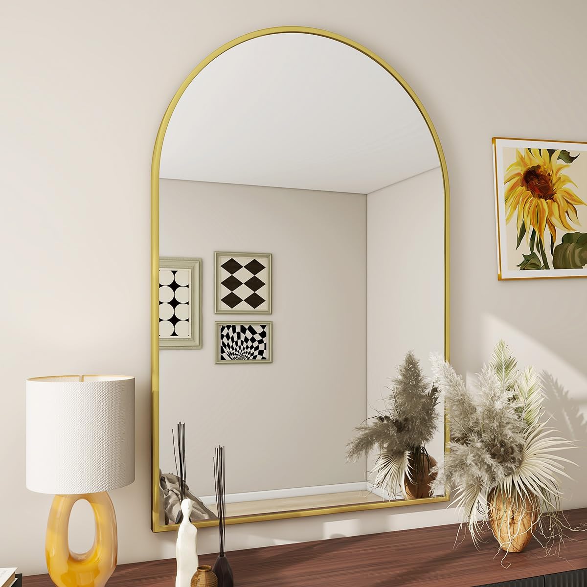 Mirrors - BEAUTYPEAK Wall Mounted Mirror, 26 inch x38 inch Arch Bathroom Mirror, Gold Vanity Wall Mirror w/ Metal Frame for Bedroom, Entryway, Living Room