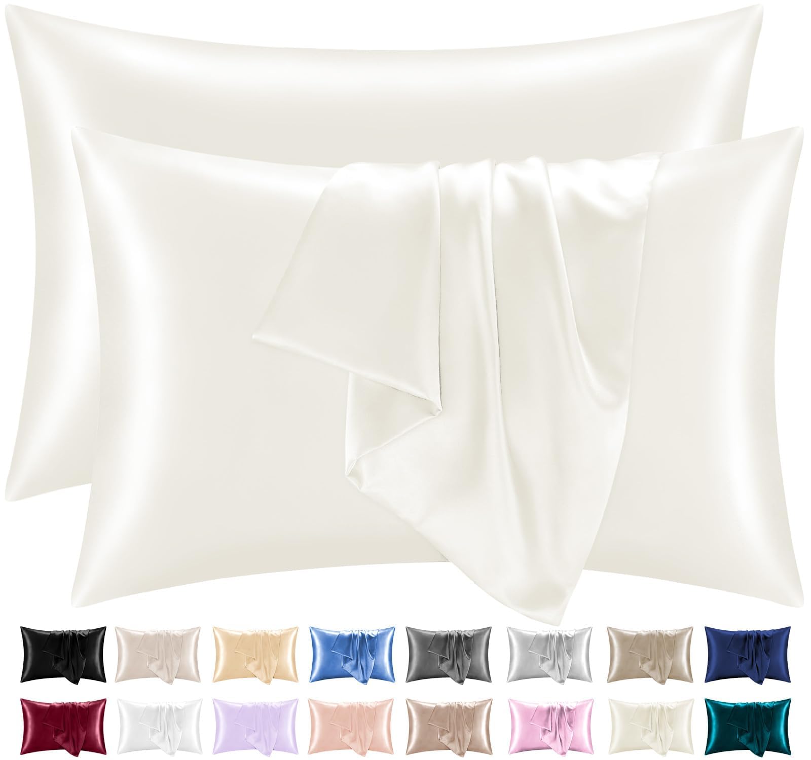 Lazzaro Satin Silk Pillowcases for Hair and Skin - Hypoallergenic Silk Pillow Cases 2 Pack with Envelope Closure - Ultrasoft Standard Size Ivory Silk Pillowcases (50 x 75 cm)