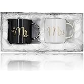 Cheardia 12 oz Mr and Mrs Mugs, Ceramic Coffee Mug Set Engagement Gifts for Couples, His and Hers Mugs for Bride and Groom, Anniversary, Valentines, Bridal Shower, Wedding, Black & White