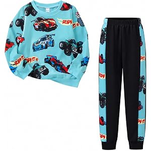 SISTERBRO Boys 2 Piece Outfit Racing Car Print Sweatshirt & Cuffed Pants | Fall Casual print Long Sleeve & Elastic Cuffed Pan