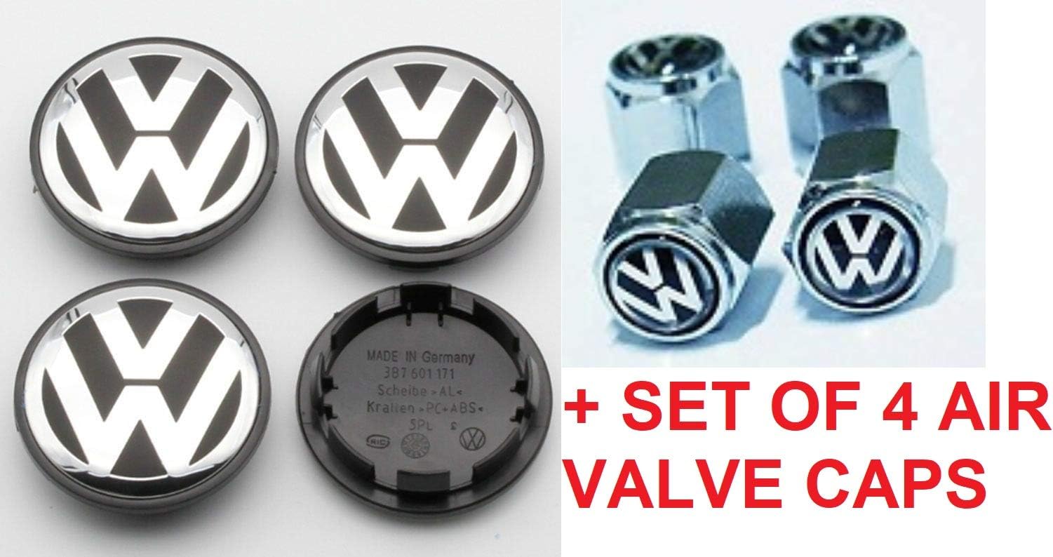 RPOEnterprise Volkswagen Wheel Center Hub Caps + Set of 4 Air Valve Covers Wheel Center Cap Hub Cover for VW Volkswagen Golf GTI Passat Jetta