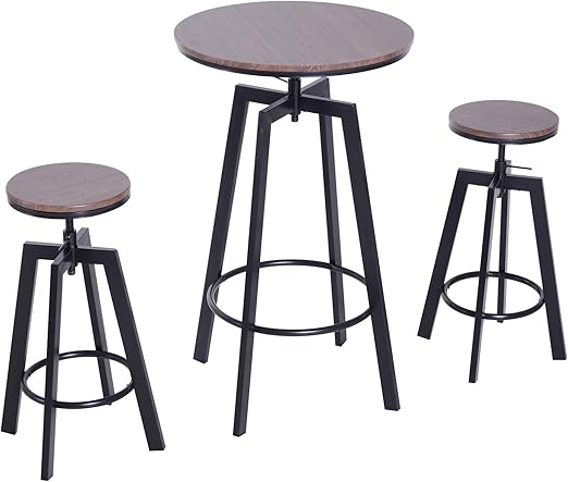 Homcom 3 Teilige Essgruppe Sitzgruppe Esstisch Bistrotisch Bartisch Holztisch Holz Metall Dunkle Naturholzoptik Schwarz Mit 1 Tisch 2 Hockern Amazon De Garten