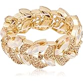 chaoyite Statement Stretch Wide Bangle Bracelets Austrian Crystal Art Deco Leaf Shape Elastic Bracelet for Party Prom Accessories #003