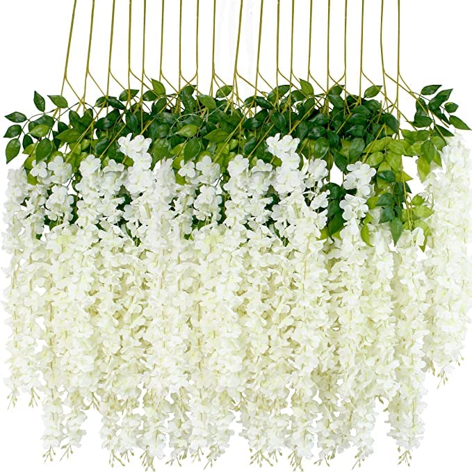 12Pcs Artificial Wisteria Flowers 43 inch/Piece White Dense Artificial Fake Wisteria Vine Ratta Hanging Garland Silk Flowers String Home Party Wedding Decor(White-Dense） — image 1