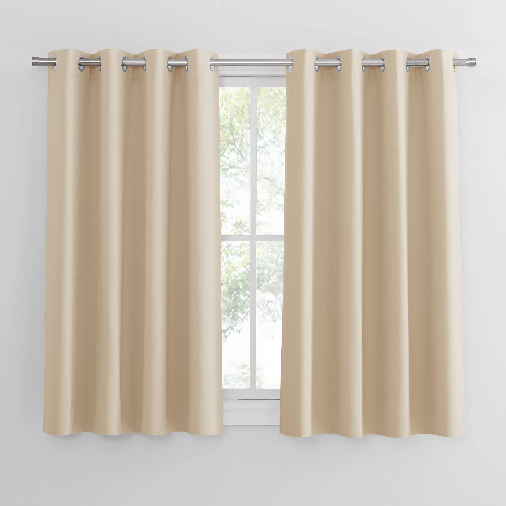 PONY DANCE Short Curtains - Thermal Insulated Window Curtain with Eyelets for Old Man Sleep Well/Short Fabric for Kitchen, W132 x H45 Inches, Yellow Beige, 2 Panels
