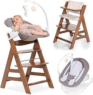 Hauck Alpha Plus Walnut Newborn Set Deluxe - Baby Holz Hochstuhl ab Geburt mit Liegefunktion - inkl. Aufsatz für Neugeborene &amp; Sitzpolster - mitwachsend, verstellbar