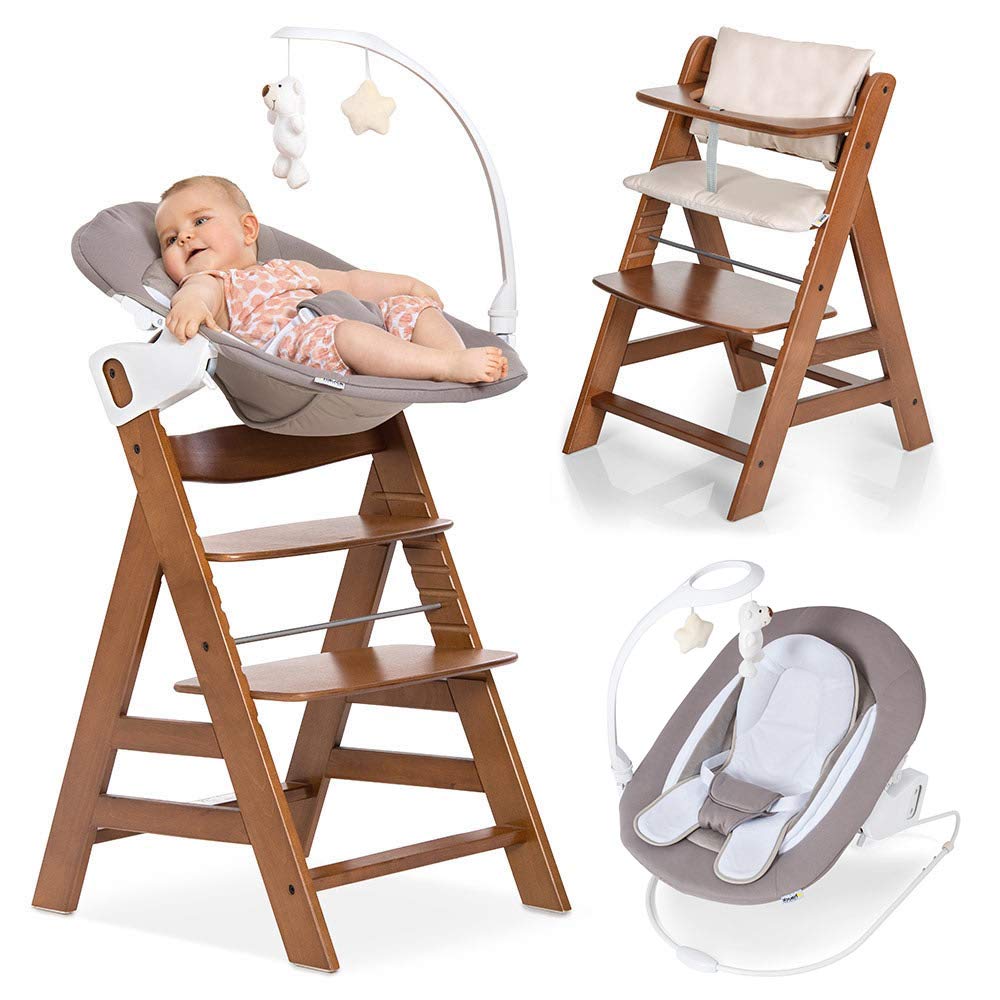 Hauck Alpha Plus Walnut Newborn Set Deluxe - Baby Holz Hochstuhl ab Geburt mit Liegefunktion - inkl. Aufsatz für Neugeborene &amp; Sitzpolster - mitwachsend, verstellbar