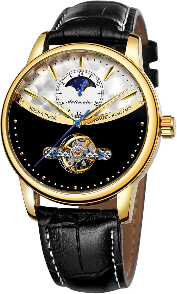 Yoodeet Genuine Leather Self-Winding Mechanical Wrist Watch Men Stainless Steel Skeleton Automatic Watches for Men Flywheel Calendar Watch