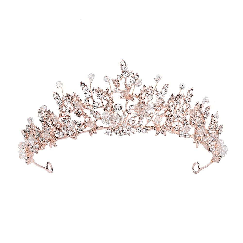 Birthday Tiara for Women, Queen Crown Rhinestone Headpiece Wedding Hair Accessories for Bride Bridesmaid, Rose Gold