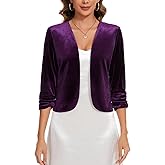MINTLIMIT Velvet Blazers for Women Business Casual 3/4 Ruched Sleeve Open Front Cropped Blazer Jackets Lightweight Collarless Jacket Suit, Purple, XL