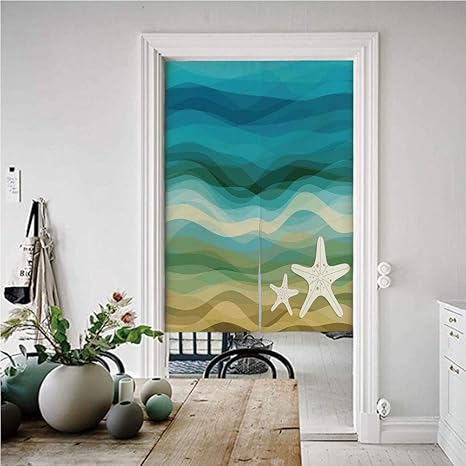 Amazon 抽象的な家の装飾 のれん おしゃれ 遮光 85幅x0丈cm 波ヒトデサンディビーチ水生テーマ 和風暖簾べ麻風キチンリビングロングカーテン ブルーベージュの抽象的なデザインモダンなイラスト のれん オンライン通販