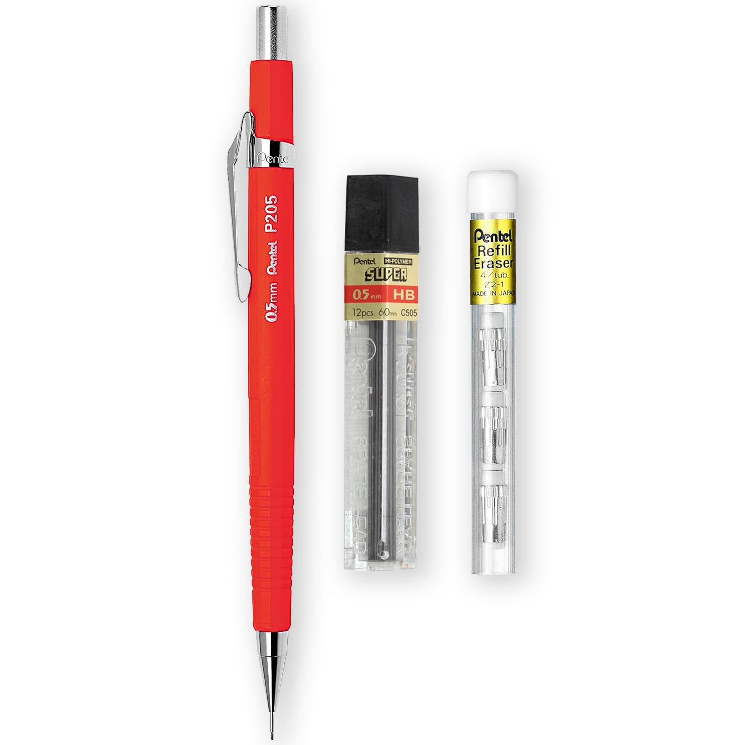 Pentel P205-97C Mechanical Automatic Pencil - Fluorescent Range - Single + 12 Hi-Polymer HB 0.5mm Refill Leads + Z2-1N Eraser Refills Tube of 4 (Fluorescent Red)