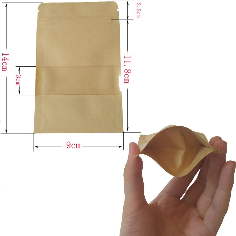 100pcs Kraft Zip Lock Stand Up Bags Pouches with Window Waterproof Paper Bag can be used as Envelope Seed bag Gift bag Jewelry bag Candy box(9 * 14cm - Image 3