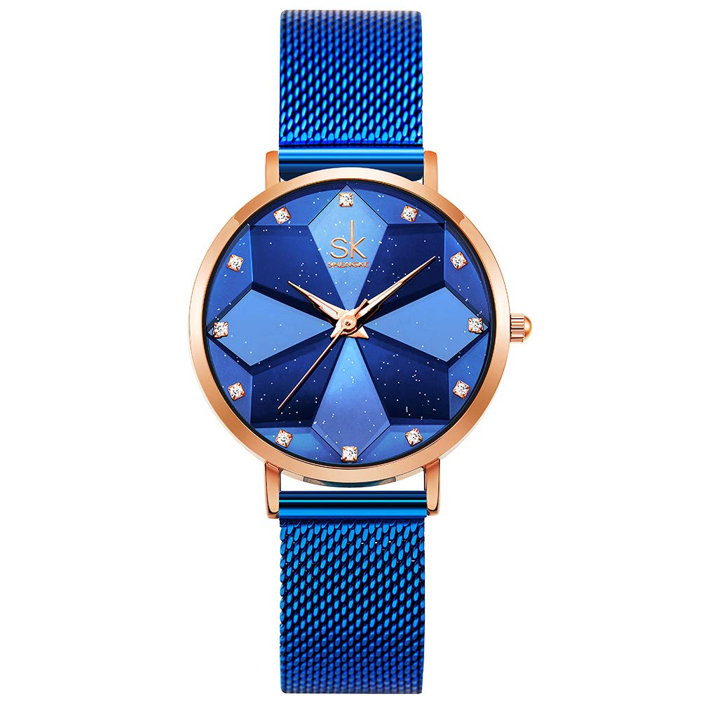 SK Ultra Thin Minialist Creative Starry Sky Women Watch with Genuine Leather Stainless Steel Mesh Band Floral Watch (Starry-MESH Band-Blue)