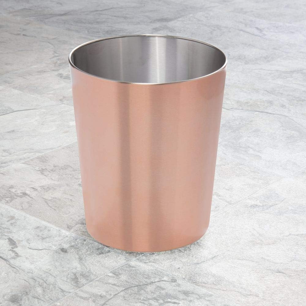 mDesign Metal Wastepaper Bin - Stainless Steel Bathroom Trash Can - Rubbish Basket for Home and Office - Rose Gold - Image 3