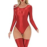 FEOYA Women’s Shiny Long Sleeve Bodysuit Metallic Stretchy Leotard Glossy Sheer Bodysuit