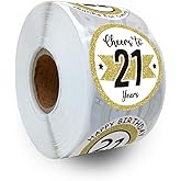 REWIDPARTY White Gold 21st Birthday Stickers - Cheers to 21 Years - Happy Birthday Party Favors - Anniversary Decorations (500 Per Roll)