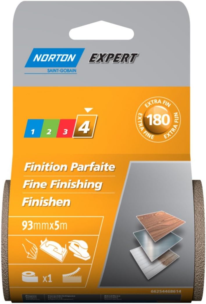 Norton Expert Norgrip Sanding Tape, 93 x 5 m, Grit 180, Yellow, 93 millimeters x 5 meters