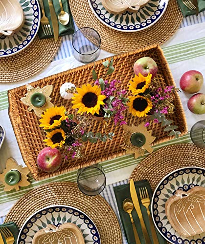 Wicker Serving Trays and Platters with Handles | Handcrafted Breakfast, Food, Dish, Coffee, Bread Serving Baskets for Home and Restaurants (12 x 17 (Tan))