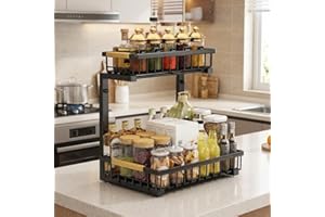 16.5-19.2 Inch Under Sink Shelf, 2-Tier Adjustable Cabinet Organizer with 4 Suction Cups, Carbon Steel Storage Shelf for Kitc