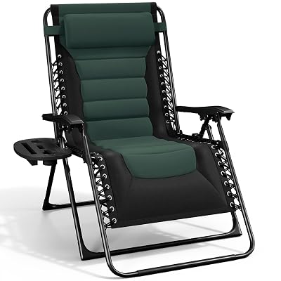 Nestl Outdoor Padded Zero Gravity Chair, Patio Lounge Chair Outdoor Recliner, Oversized Anti Gravity Lounger with Adjustable Headrest and Cup Holder, Foldable for Camping, Yard - Black/Forest Green