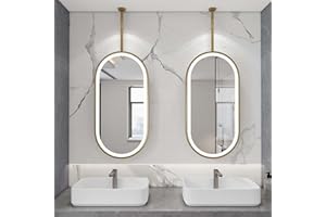 Ceiling Oval Hanging Suspended Mirrors with Light, Gold Dimmable Vanity Mirror Wall Decorative Mirror for Bathroom Home or Ho
