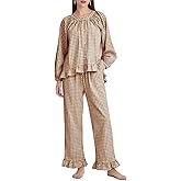 PEHMEA Women's Gingham Cotton Pajama Set Cute 2 Piece Plaid Ruffle PJs with Long Pants Button Down Top for Lounge Sleepwear