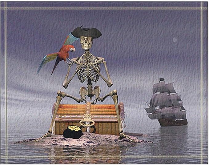 JHDF Esqueleto Pirata Sentado en un Cofre del Tesoro con su Loro con un