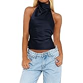SOLY HUX Women's Satin Halter Backless Crop Top Sexy Sleeveless Tank Shirts Festival Party Clubwear