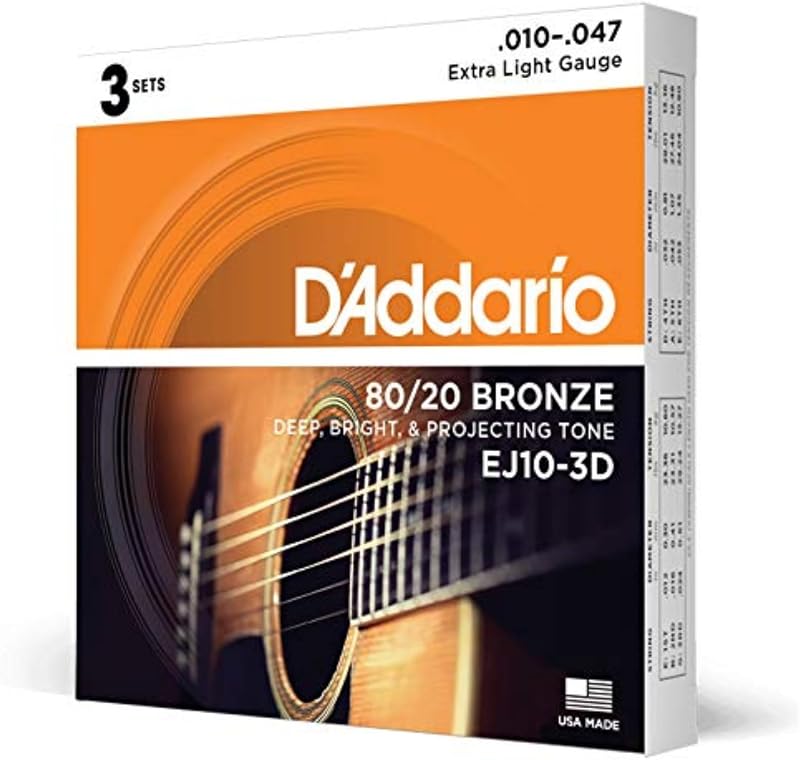D'Addario 80/20 Bronze Acoustic Strings 6 String EJ10-3D Extra Light 10-47