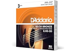 D'Addario Cuerdas para guitarra acústica, 80/20 Bronce, EJ10-3D, calibre extra ligero 10-47, juego de 6 cuerdas, paquete de 3