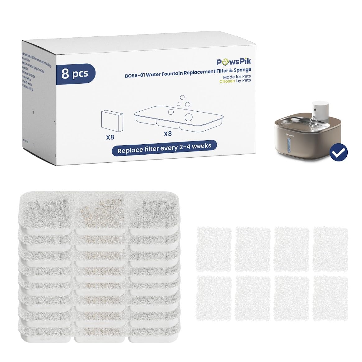 Photo 1 of PawsPik® Replacement Filters for PawsPik BOSS-01 Wireless Stainless Steel Battery Operated Water Fountain, 8 Pack Filter & Sponges Set for 4 months of Replacement, 5 Layer Filtration