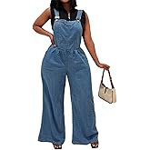 AprPith Women's Denim Bib Overalls Wide Leg Loose Fit Ripped Adjustable Strap Casual Sleeveless Cargo Jeans Jumpsuits