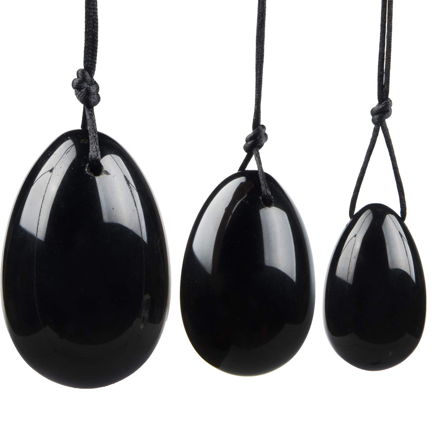 Black Obsidian Yoni Eggs, June&Ann Set of 3 Drilled Natural Chakra Healing Yoga Exercise Eggs with String Massage Stones Ben Wa Ball for Women to Train Pelvic Muscles Kegel Exercise