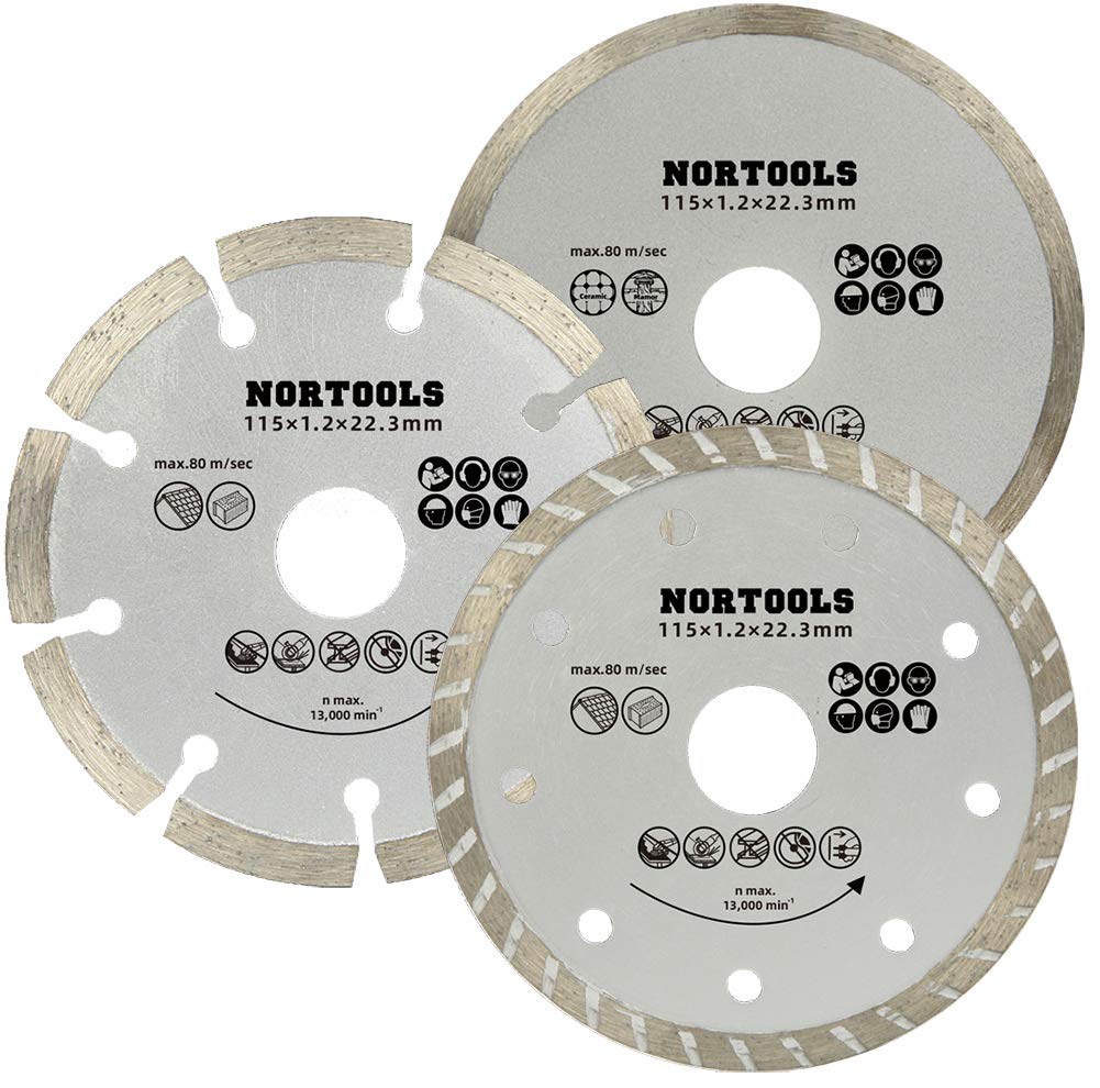 NORTOOLS Diamond Cutting Disc for Angle Grinder | 3 PCS Diamond Saw Set 115mm Turbo Continuous Rim Segmented Cutting Disc Saw Blades for Porcelain 、Stone Brick 、Concrete、 Masonry