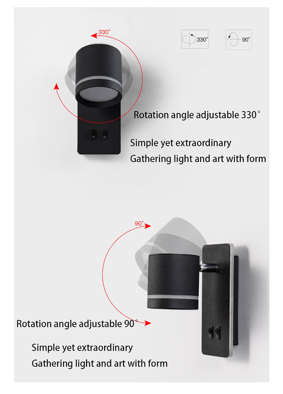 GUSGL Modern Plug in Wall Sconce，Bedroom LED Wall Mounted Reading Lights Adjustable 9W Spotlight +6W Background Light 3000K