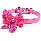MEKBOK Hot Cute Knit Bowknot Adjustable PU Leather Dog Puppy Pet Collars Necklace (Hot Pink)
