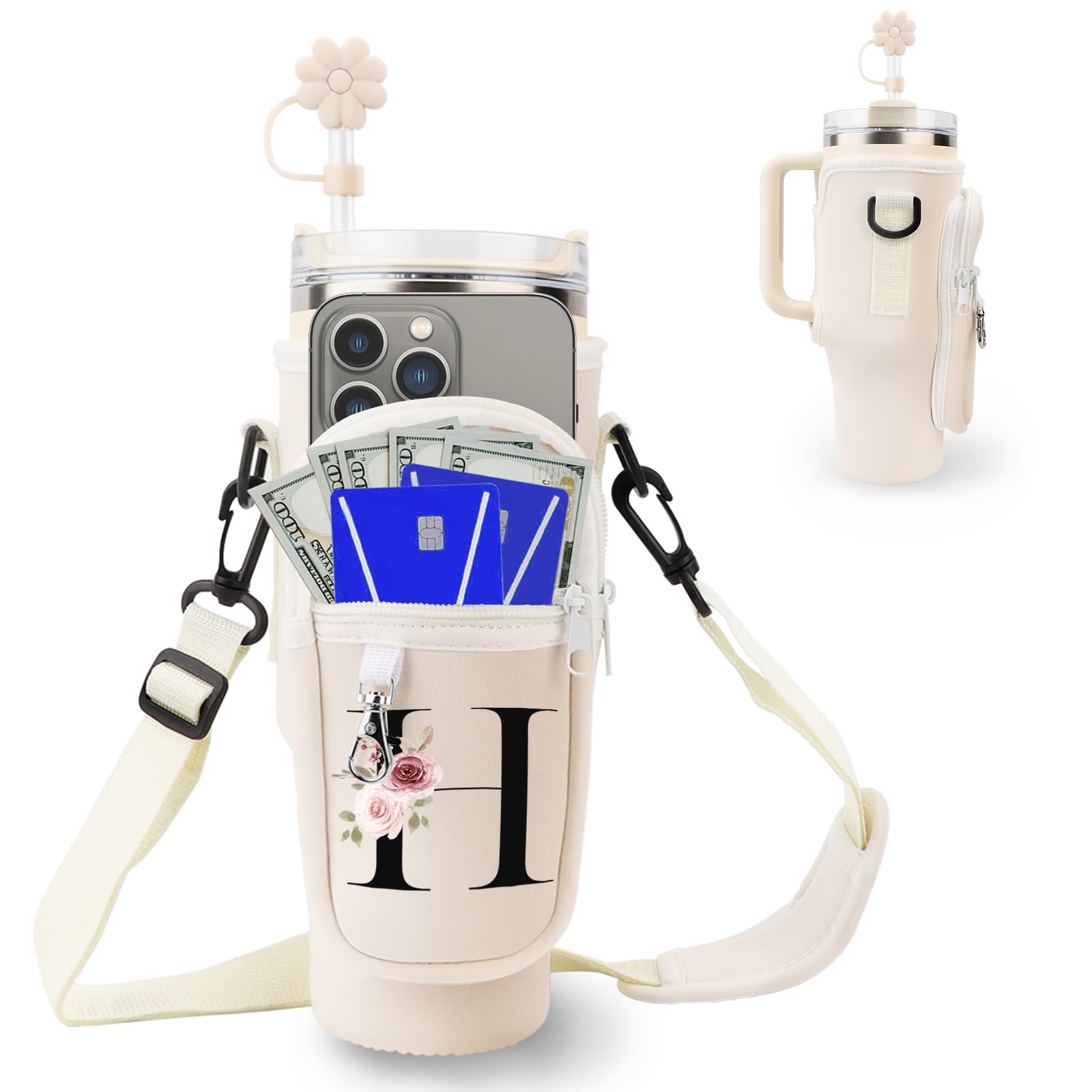 Initial Personalized Water Bottle Bag for Stanley 40oz Tumbler,with Phone Pocket,Neoprene Water Bottle Carrier with Adjustable Strap and Straw Cover & Carabiner,for Stanley Cup Accessories (H)