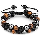 Crystal Vibe 8mm Triple Protection Bracelet - Beaded Bracelet with Natural Stones of Tiger Eye, Hematite, Black Obsidian - Elastic Adjustable Crystal Bracelet for Anxiety Relief, Spiritual Healing