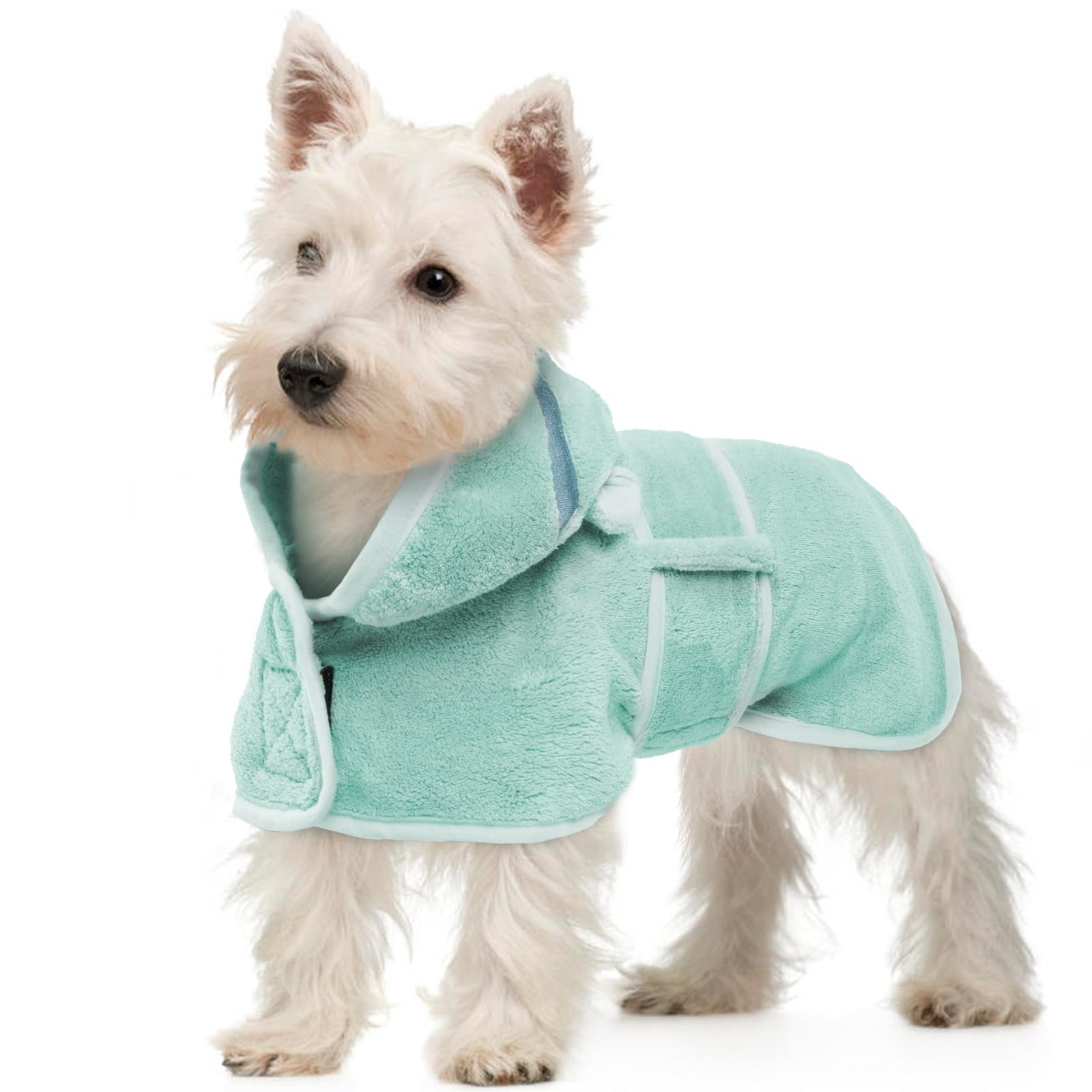 OUOBOB Drying Coat, Bathrobe for Dogs, Green Towel for Small Breeds, Microfibre Robe With Hood & Adjustable Belly Straps for Dachshund, Yorkie, Chihuahua XS