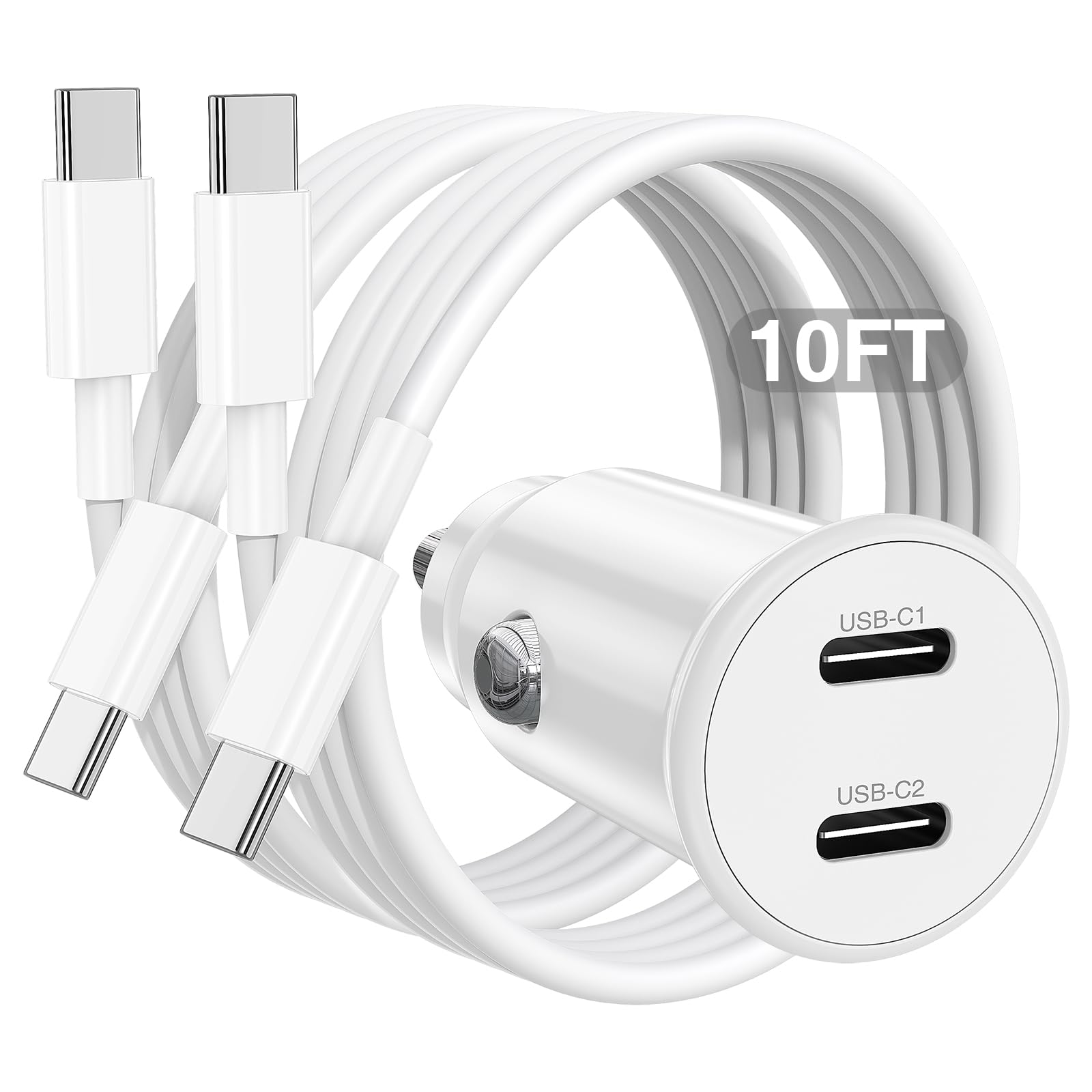 USB C Car Charger for iPhone 17 16 15 Pro Max,40W Dual Port USB-C & USB-A Car Fast Charging Adapter, 2X10FT C to C Cable & A to C Carplay Cable for iPhone 17 16 15 Series/iPhone Air,iPad,Samsung-White