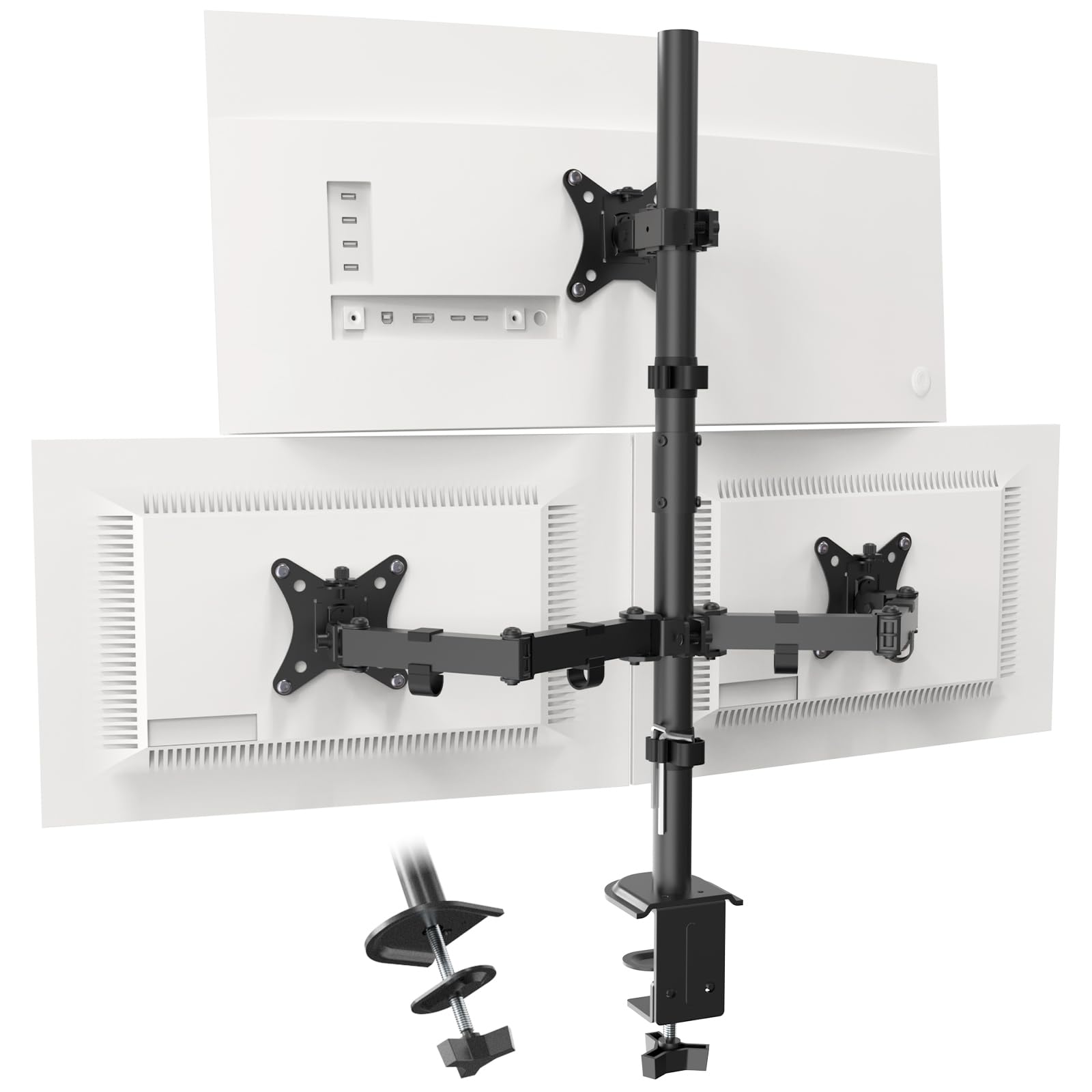 WORLDLIFT Triple Monitor Desk Mount Stand Stacked Fits Three 3 Screens up to 32 inches per Arm 19.8 lbs Fully Adjustable VESA with C clamp/Grommet Base