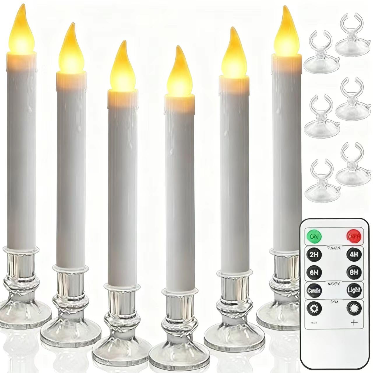 Taokftly Christmas Window Candles - 9.3in Flameless Taper Candles with Suction Cups Flickering Timer for Halloween Christmas Wedding Home Decor Candlesticks Fireplace (6pcs-Silvery)